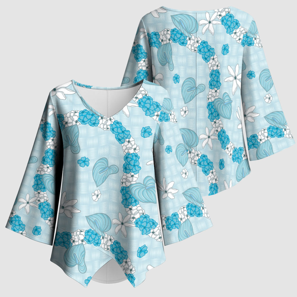 Hawaii Anthurium Tiare Pikake Lei Kimono Sleeve Blouse UliUli Lauhala Art Pattern