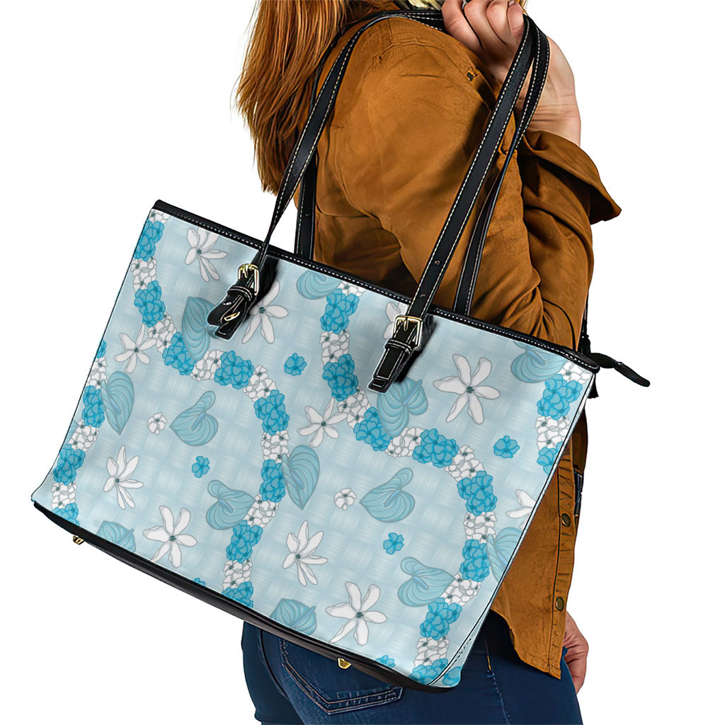 Hawaii Anthurium Tiare Pikake Lei Leather Tote Bag UliUli Lauhala Art Pattern