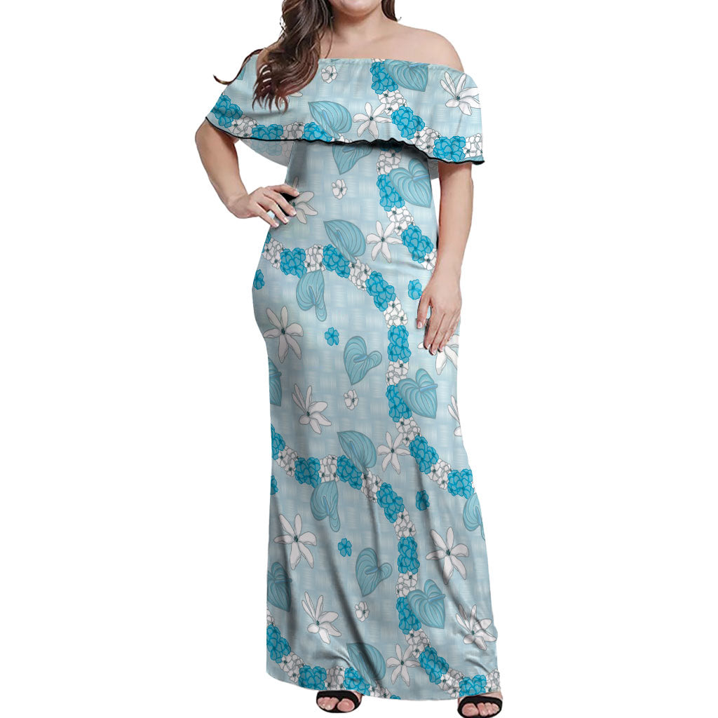 Hawaii Anthurium Tiare Pikake Lei Off Shoulder Maxi Dress UliUli Lauhala Art Pattern