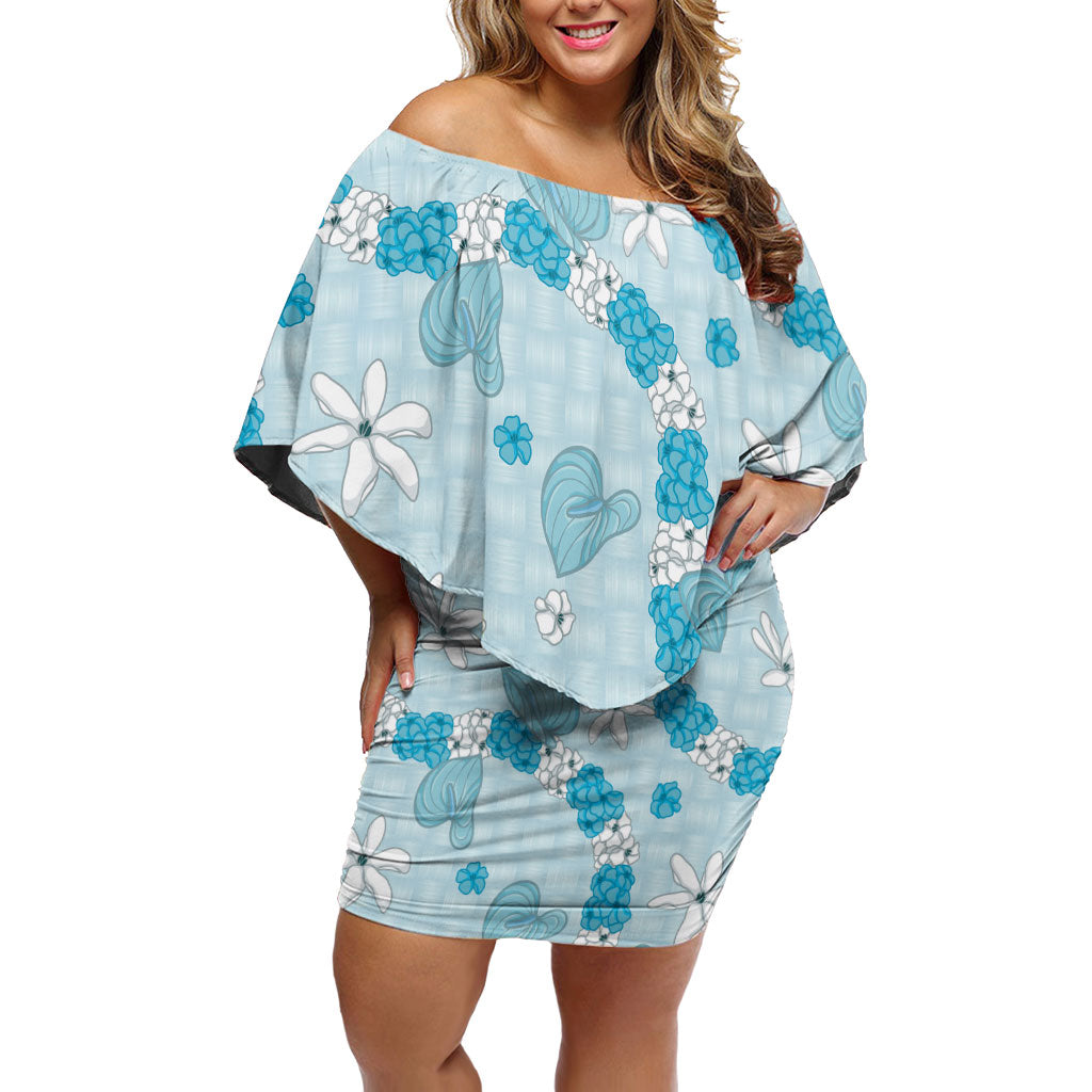 Hawaii Anthurium Tiare Pikake Lei Off Shoulder Short Dress UliUli Lauhala Art Pattern