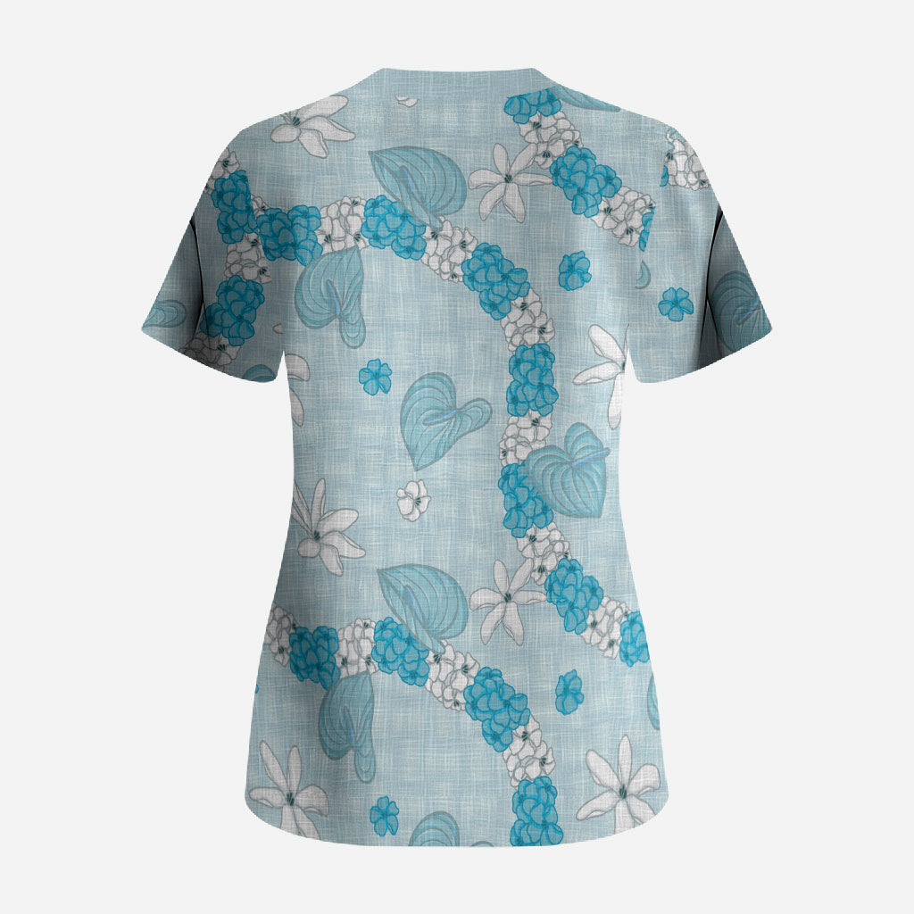 Hawaii Anthurium Tiare Pikake Lei Scrub Top UliUli Lauhala Art Pattern LT01 - Polynesian Pride