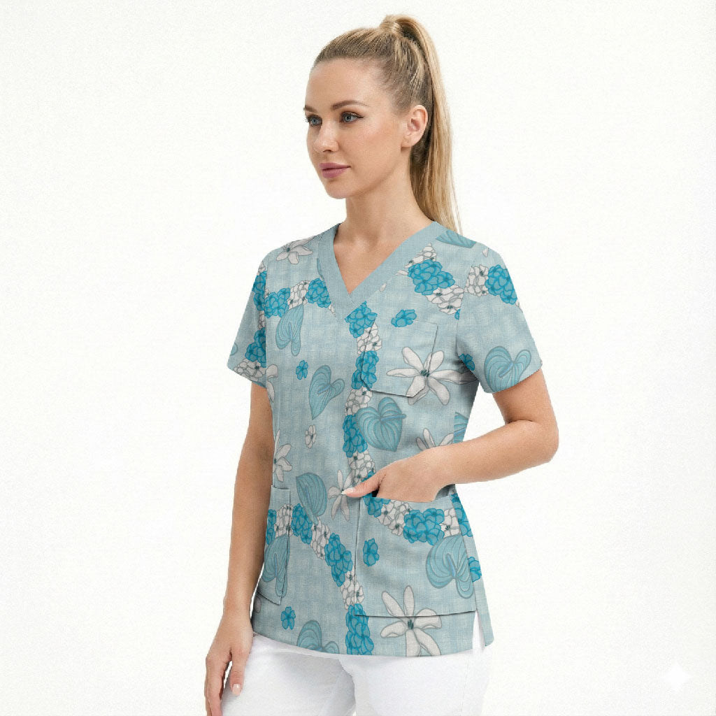 Hawaii Anthurium Tiare Pikake Lei Scrub Top UliUli Lauhala Art Pattern LT01 - Polynesian Pride