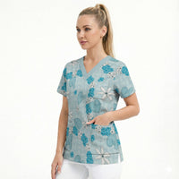 Hawaii Anthurium Tiare Pikake Lei Scrub Top UliUli Lauhala Art Pattern LT01 - Polynesian Pride