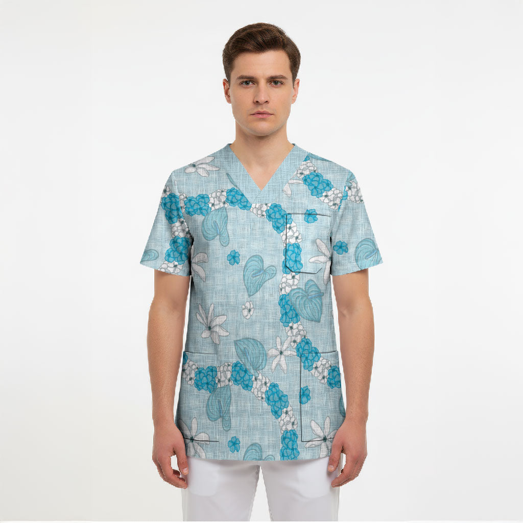 Hawaii Anthurium Tiare Pikake Lei Scrub Top UliUli Lauhala Art Pattern LT01 - Polynesian Pride