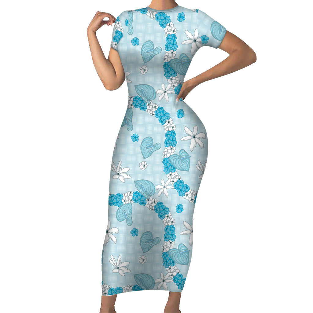 Hawaii Anthurium Tiare Pikake Lei Short Sleeve Bodycon Dress UliUli Lauhala Art Pattern