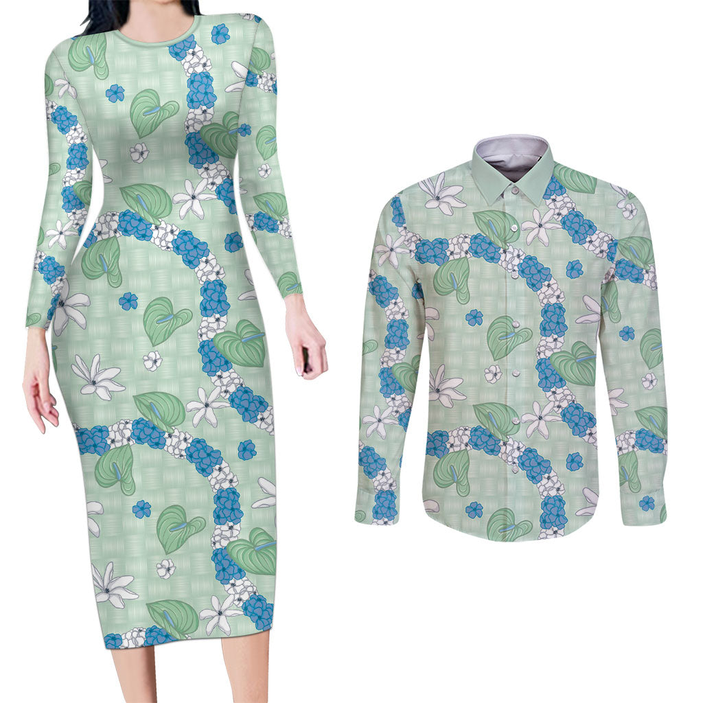 Hawaii Anthurium Tiare Pikake Lei Couples Matching Long Sleeve Bodycon Dress and Long Sleeve Button Shirt Omaomao Lauhala Art Pattern LT01 Green - Polynesian Pride
