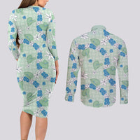 Hawaii Anthurium Tiare Pikake Lei Couples Matching Long Sleeve Bodycon Dress and Long Sleeve Button Shirt Omaomao Lauhala Art Pattern LT01 - Polynesian Pride