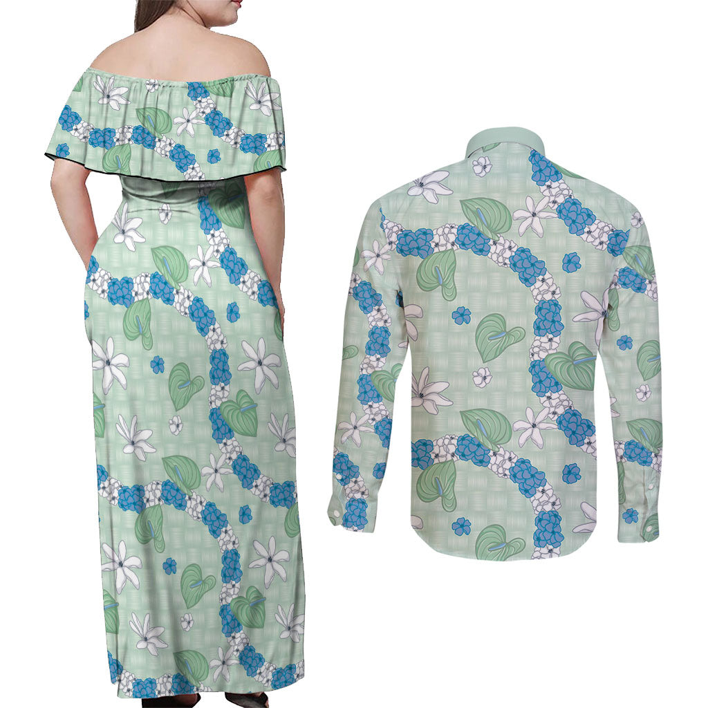 Hawaii Anthurium Tiare Pikake Lei Couples Matching Off Shoulder Maxi Dress and Long Sleeve Button Shirt Omaomao Lauhala Art Pattern