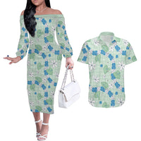Hawaii Anthurium Tiare Pikake Lei Couples Matching Off The Shoulder Long Sleeve Dress and Hawaiian Shirt Omaomao Lauhala Art Pattern
