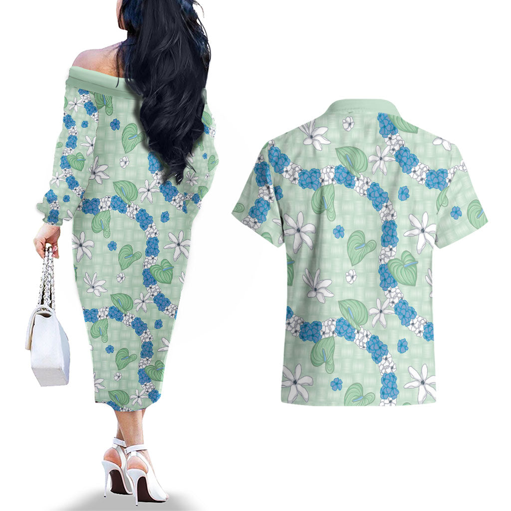 Hawaii Anthurium Tiare Pikake Lei Couples Matching Off The Shoulder Long Sleeve Dress and Hawaiian Shirt Omaomao Lauhala Art Pattern