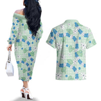 Hawaii Anthurium Tiare Pikake Lei Couples Matching Off The Shoulder Long Sleeve Dress and Hawaiian Shirt Omaomao Lauhala Art Pattern