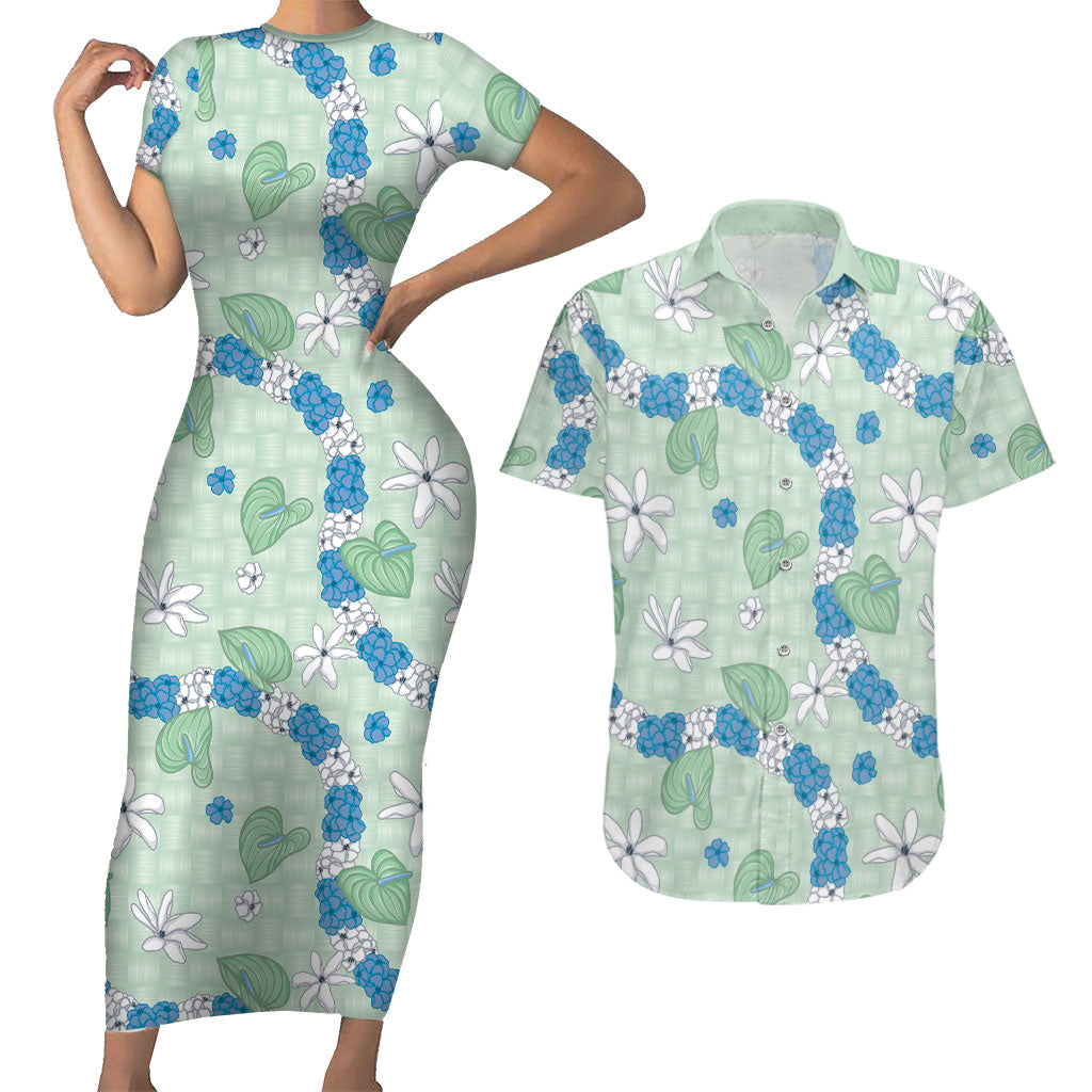 Hawaii Anthurium Tiare Pikake Lei Couples Matching Short Sleeve Bodycon Dress and Hawaiian Shirt Omaomao Lauhala Art Pattern