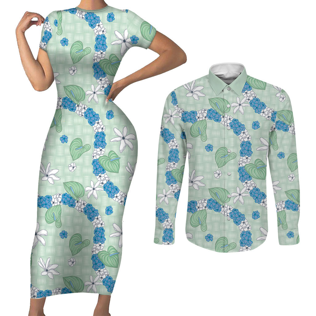 Hawaii Anthurium Tiare Pikake Lei Couples Matching Short Sleeve Bodycon Dress and Long Sleeve Button Shirt Omaomao Lauhala Art Pattern LT01 Green - Polynesian Pride