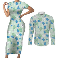Hawaii Anthurium Tiare Pikake Lei Couples Matching Short Sleeve Bodycon Dress and Long Sleeve Button Shirt Omaomao Lauhala Art Pattern LT01 Green - Polynesian Pride