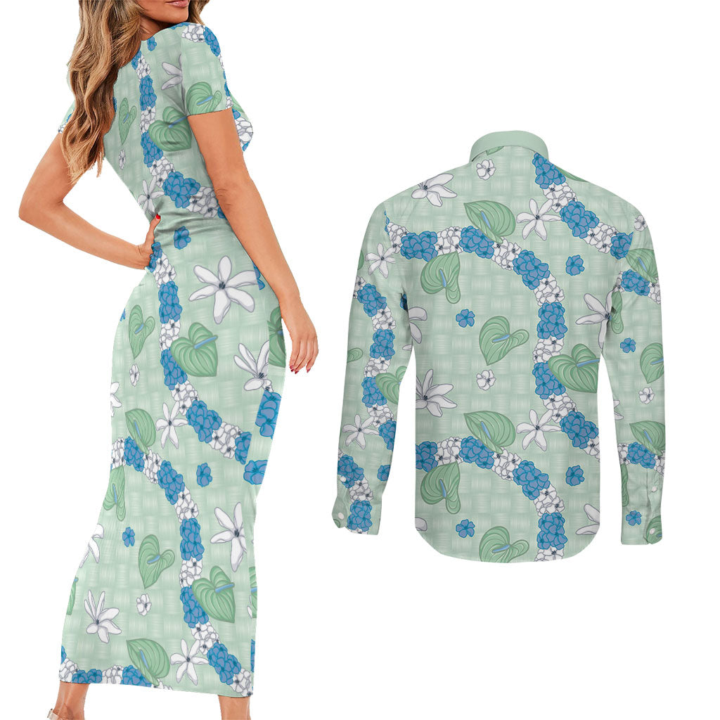 Hawaii Anthurium Tiare Pikake Lei Couples Matching Short Sleeve Bodycon Dress and Long Sleeve Button Shirt Omaomao Lauhala Art Pattern LT01 - Polynesian Pride