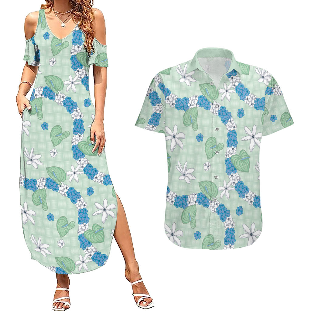 Hawaii Anthurium Tiare Pikake Lei Couples Matching Summer Maxi Dress and Hawaiian Shirt Omaomao Lauhala Art Pattern