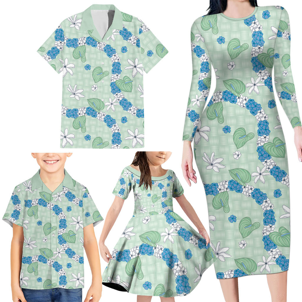 Hawaii Anthurium Tiare Pikake Lei Family Matching Long Sleeve Bodycon Dress and Hawaiian Shirt Omaomao Lauhala Art Pattern