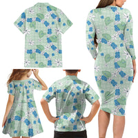 Hawaii Anthurium Tiare Pikake Lei Family Matching Long Sleeve Bodycon Dress and Hawaiian Shirt Omaomao Lauhala Art Pattern