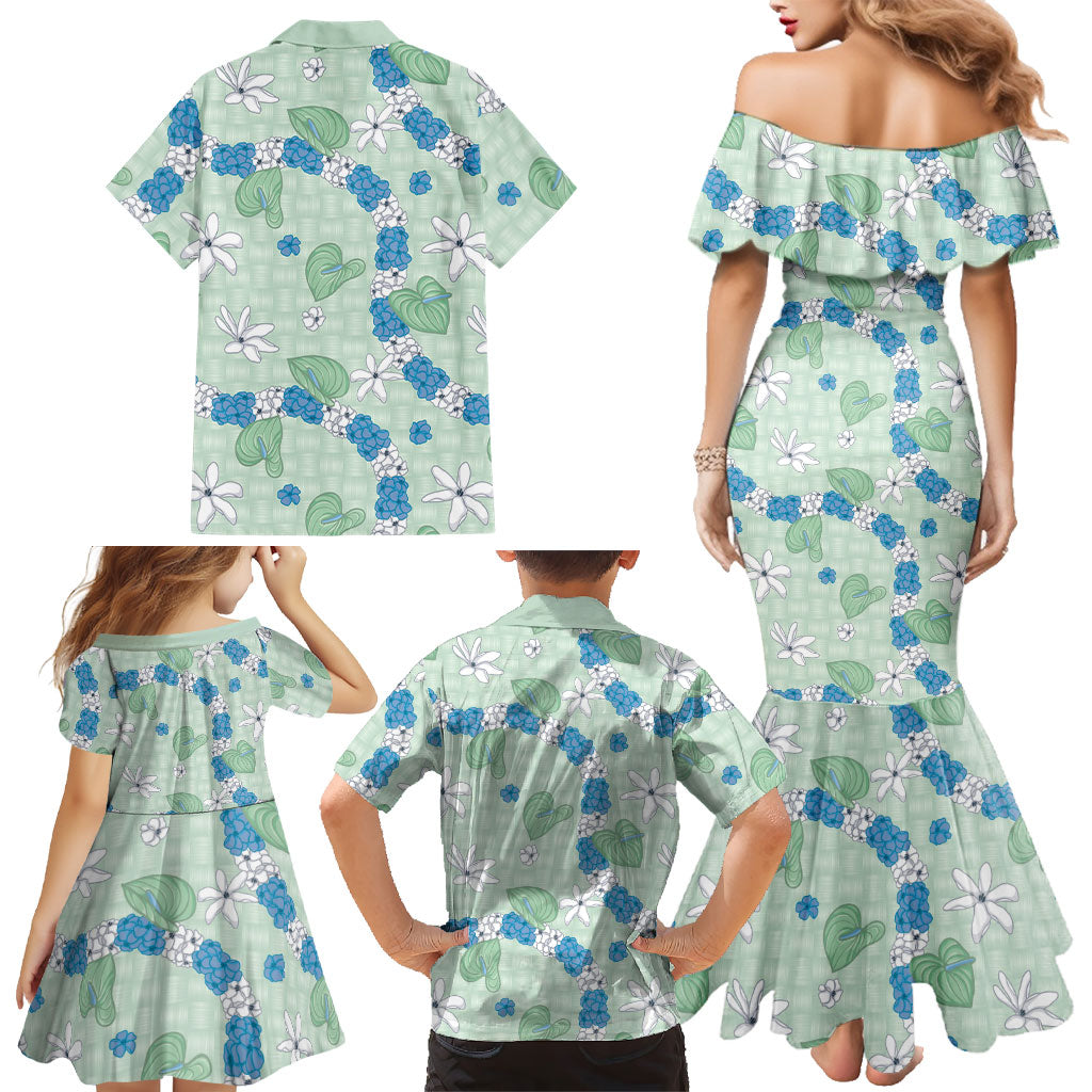 Hawaii Anthurium Tiare Pikake Lei Family Matching Mermaid Dress and Hawaiian Shirt Omaomao Lauhala Art Pattern