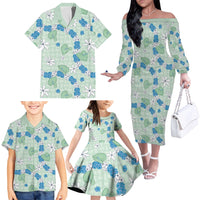 Hawaii Anthurium Tiare Pikake Lei Family Matching Off The Shoulder Long Sleeve Dress and Hawaiian Shirt Omaomao Lauhala Art Pattern