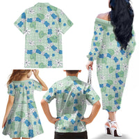 Hawaii Anthurium Tiare Pikake Lei Family Matching Off The Shoulder Long Sleeve Dress and Hawaiian Shirt Omaomao Lauhala Art Pattern