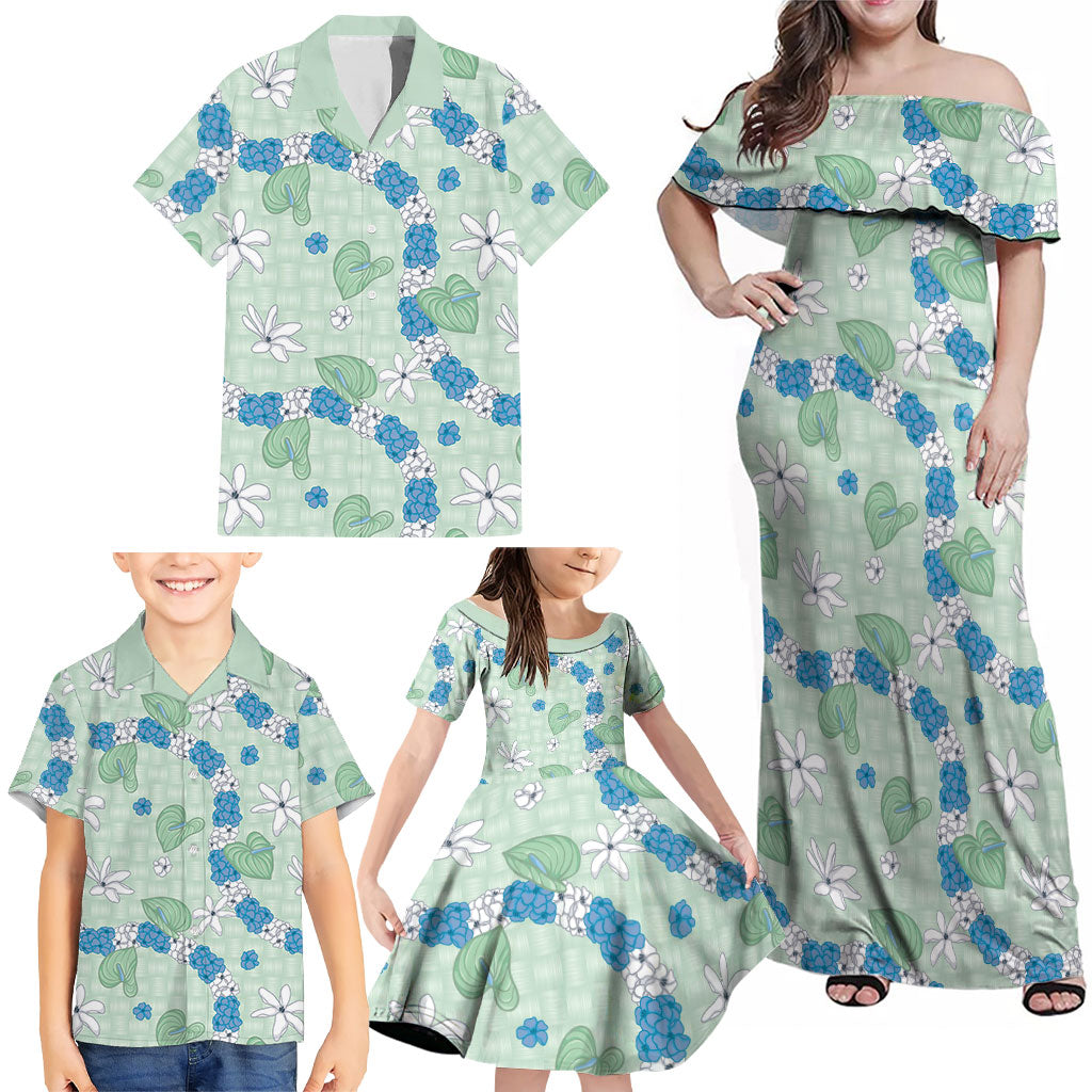 Hawaii Anthurium Tiare Pikake Lei Family Matching Off Shoulder Maxi Dress and Hawaiian Shirt Omaomao Lauhala Art Pattern
