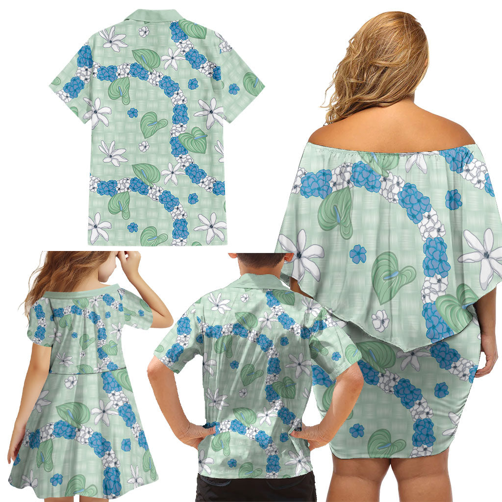 Hawaii Anthurium Tiare Pikake Lei Family Matching Off Shoulder Short Dress and Hawaiian Shirt Omaomao Lauhala Art Pattern