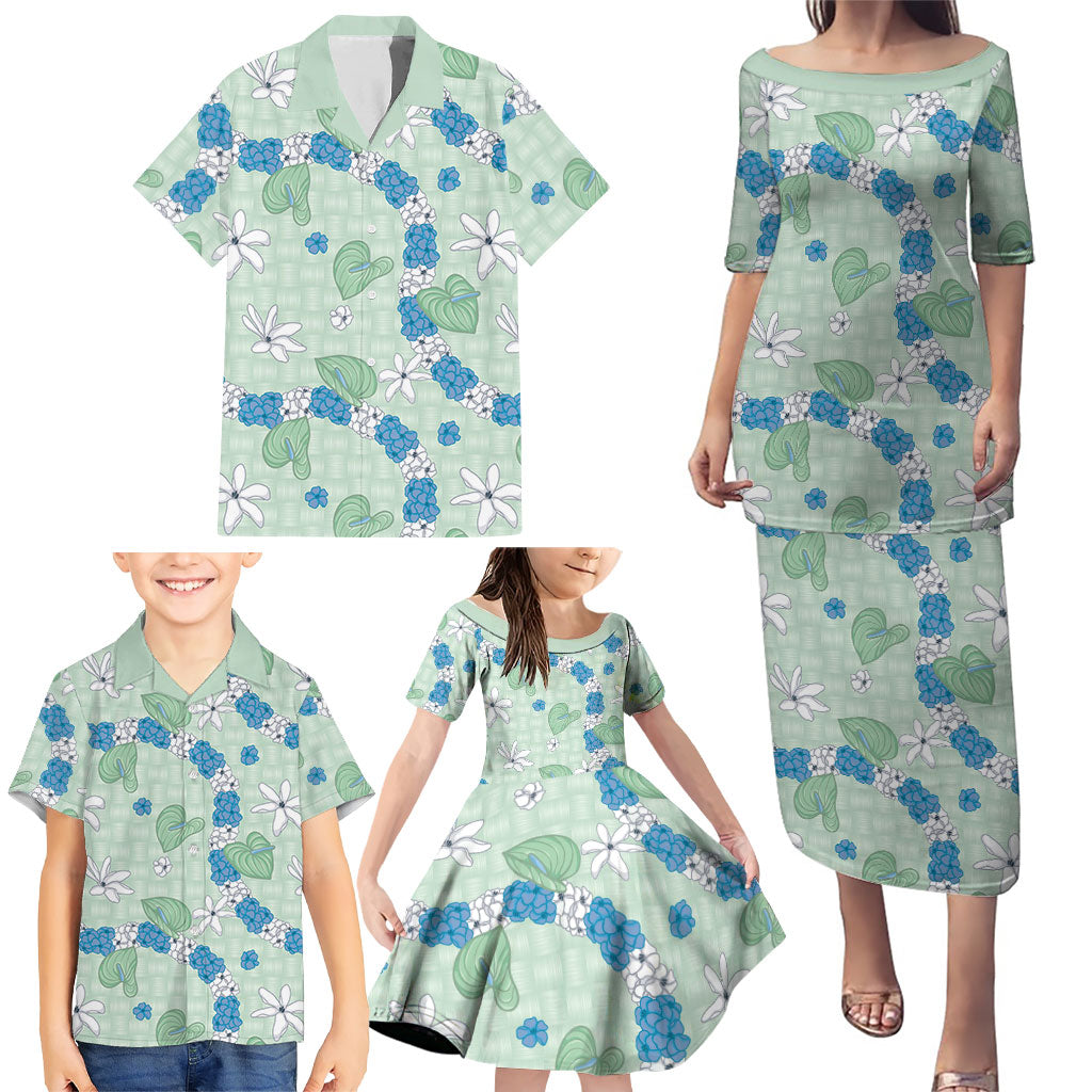 Hawaii Anthurium Tiare Pikake Lei Family Matching Puletasi and Hawaiian Shirt Omaomao Lauhala Art Pattern