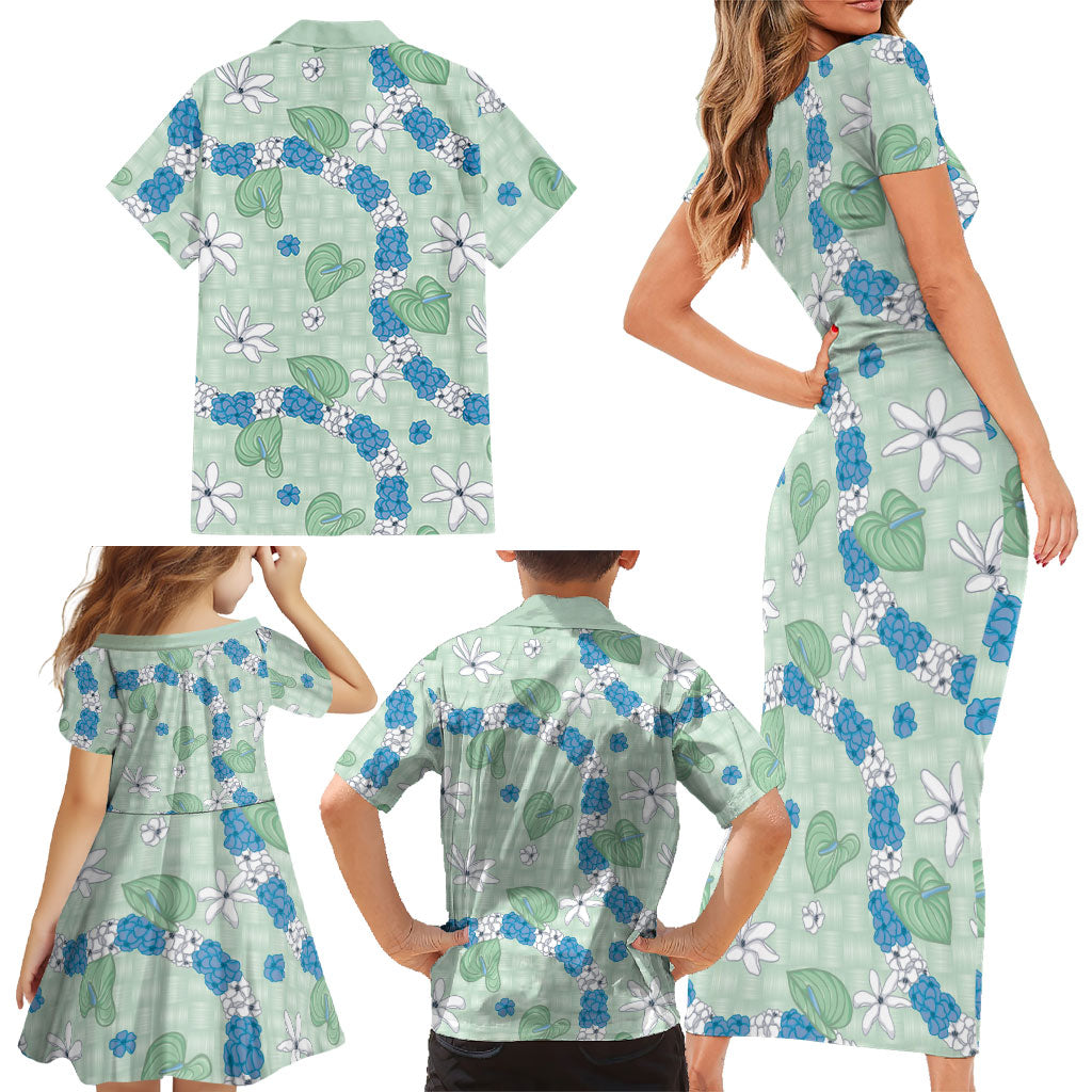 Hawaii Anthurium Tiare Pikake Lei Family Matching Short Sleeve Bodycon Dress and Hawaiian Shirt Omaomao Lauhala Art Pattern