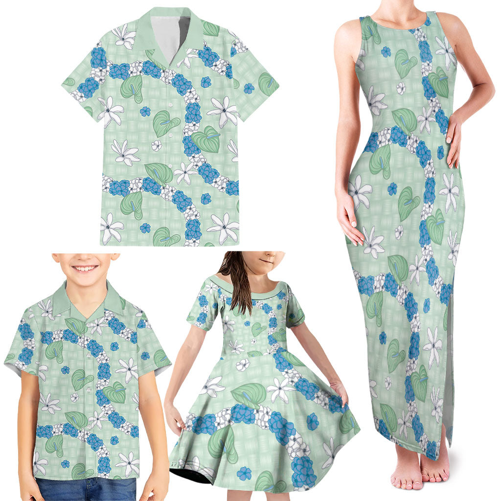 Hawaii Anthurium Tiare Pikake Lei Family Matching Tank Maxi Dress and Hawaiian Shirt Omaomao Lauhala Art Pattern