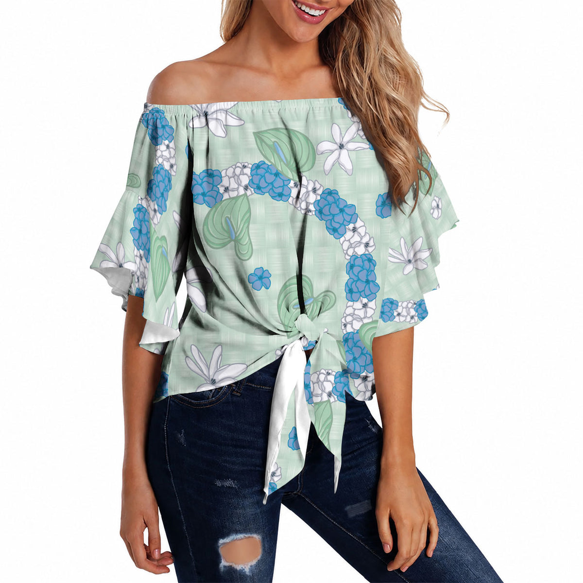 Hawaii Anthurium Tiare Pikake Lei Off Shoulder Wrap Waist Top Omaomao Lauhala Art Pattern LT01 - Polynesian Pride