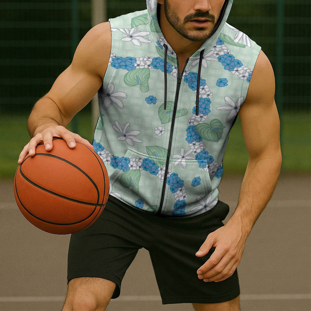 Hawaii Anthurium Tiare Pikake Lei Sleeveless Zip Hoodie Omaomao Lauhala Art Pattern LT01 - Polynesian Pride