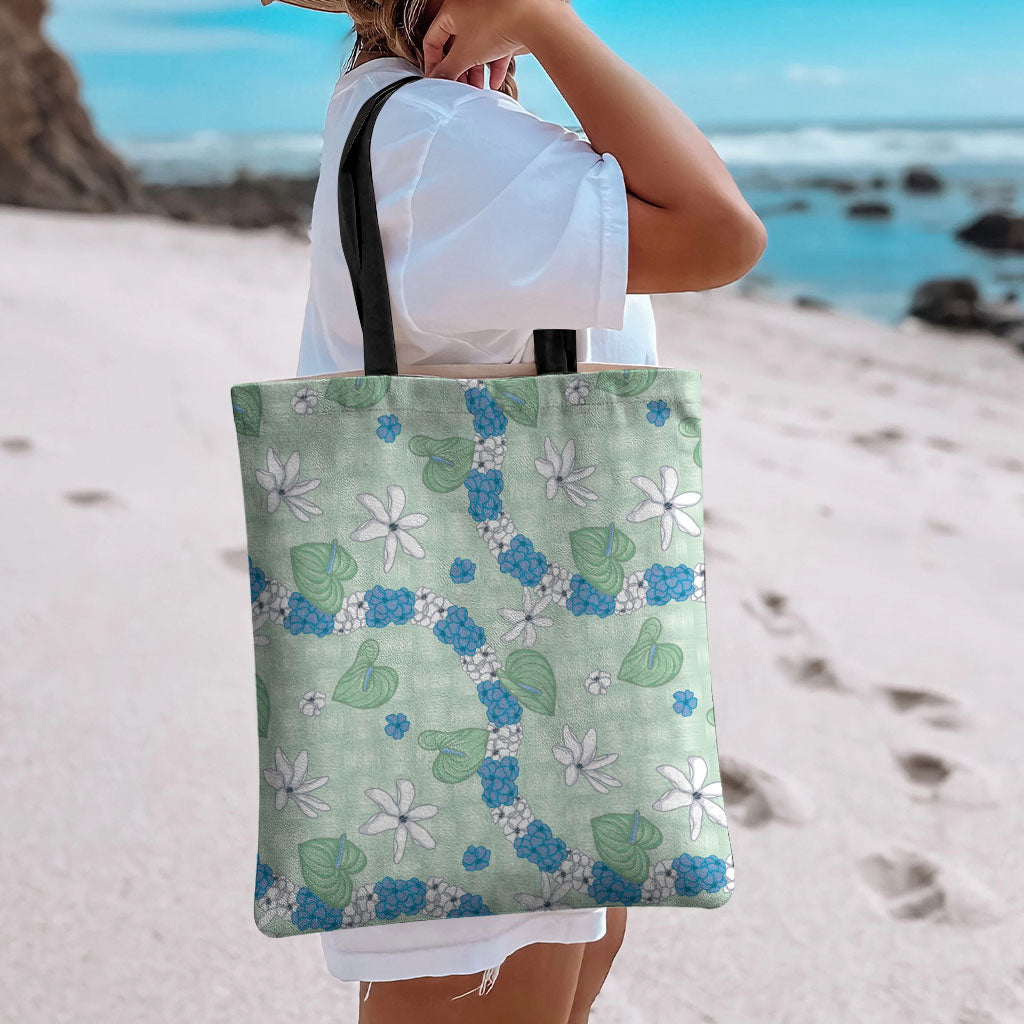 Hawaii Anthurium Tiare Pikake Lei Tote Bag Omaomao Lauhala Art Pattern