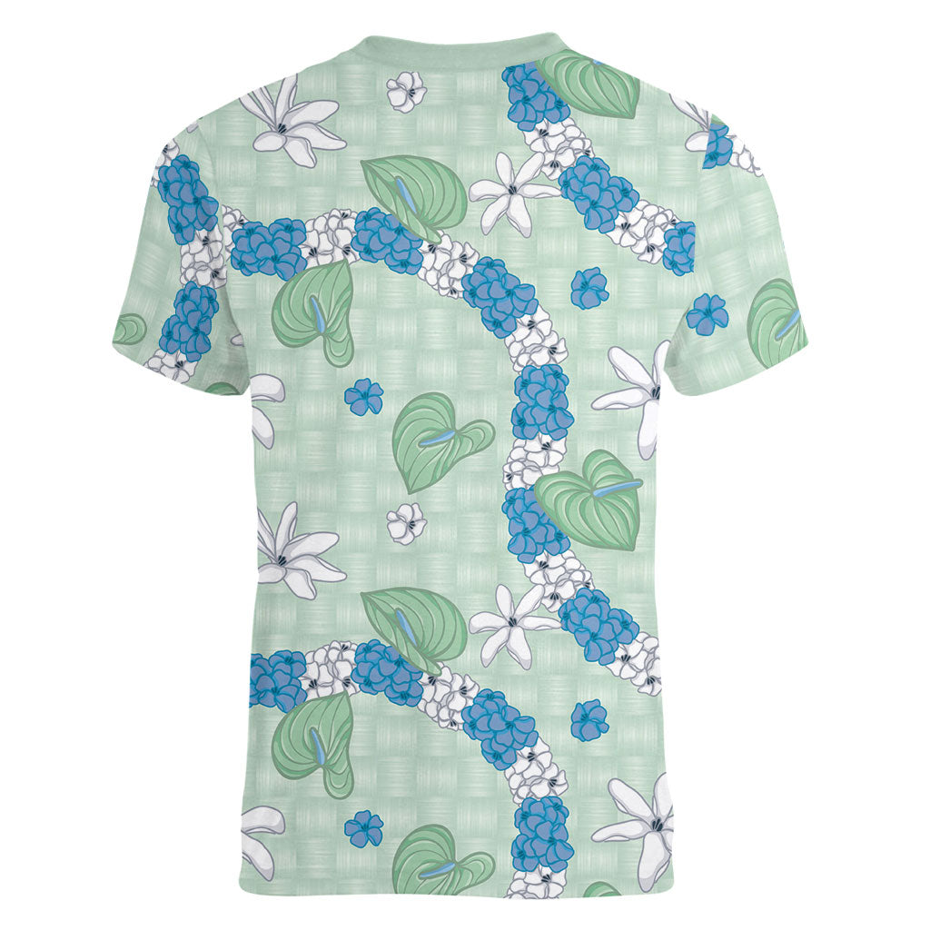 Hawaii Anthurium Tiare Pikake Lei Women V-Neck T-Shirt Omaomao Lauhala Art Pattern