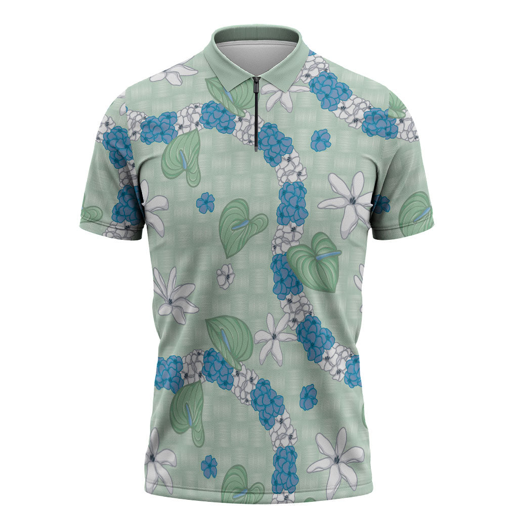 Hawaii Anthurium Tiare Pikake Lei Zipper Polo Shirt Omaomao Lauhala Art Pattern