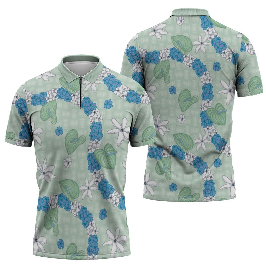 Hawaii Anthurium Tiare Pikake Lei Zipper Polo Shirt Omaomao Lauhala Art Pattern