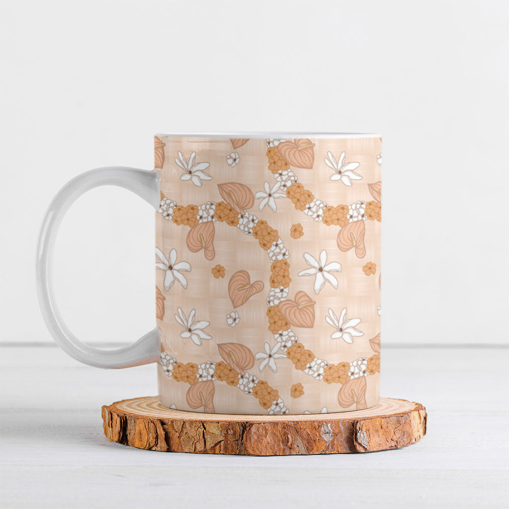 Hawaii Anthurium Tiare Pikake Lei Ceramic Mug Alani Lauhala Art Pattern