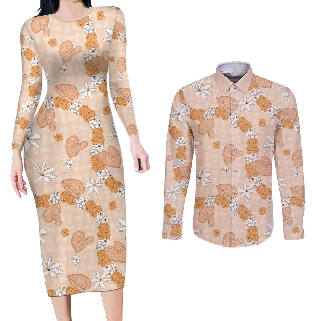 Hawaii Anthurium Tiare Pikake Lei Couples Matching Long Sleeve Bodycon Dress and Long Sleeve Button Shirt Alani Lauhala Art Pattern