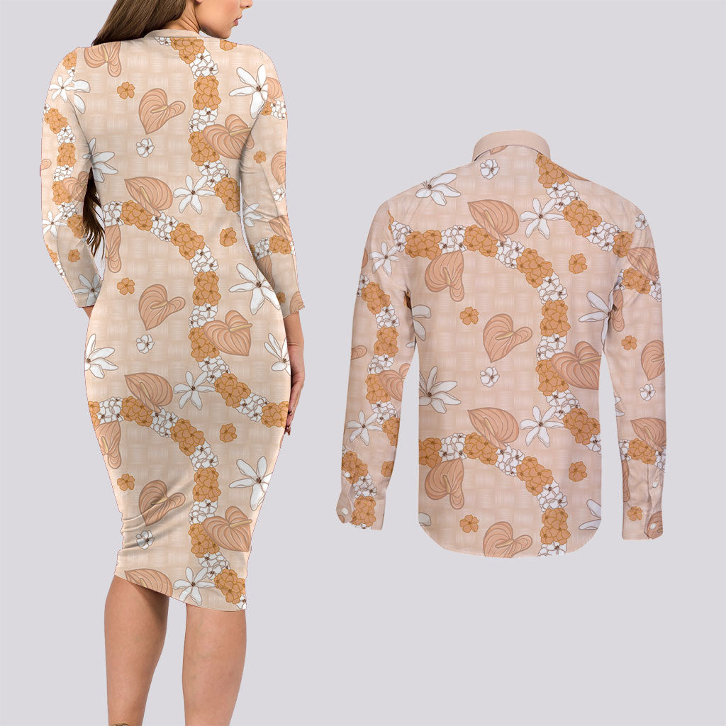 Hawaii Anthurium Tiare Pikake Lei Couples Matching Long Sleeve Bodycon Dress and Long Sleeve Button Shirt Alani Lauhala Art Pattern