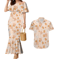 Hawaii Anthurium Tiare Pikake Lei Couples Matching Mermaid Dress and Hawaiian Shirt Alani Lauhala Art Pattern LT01 Orange - Polynesian Pride