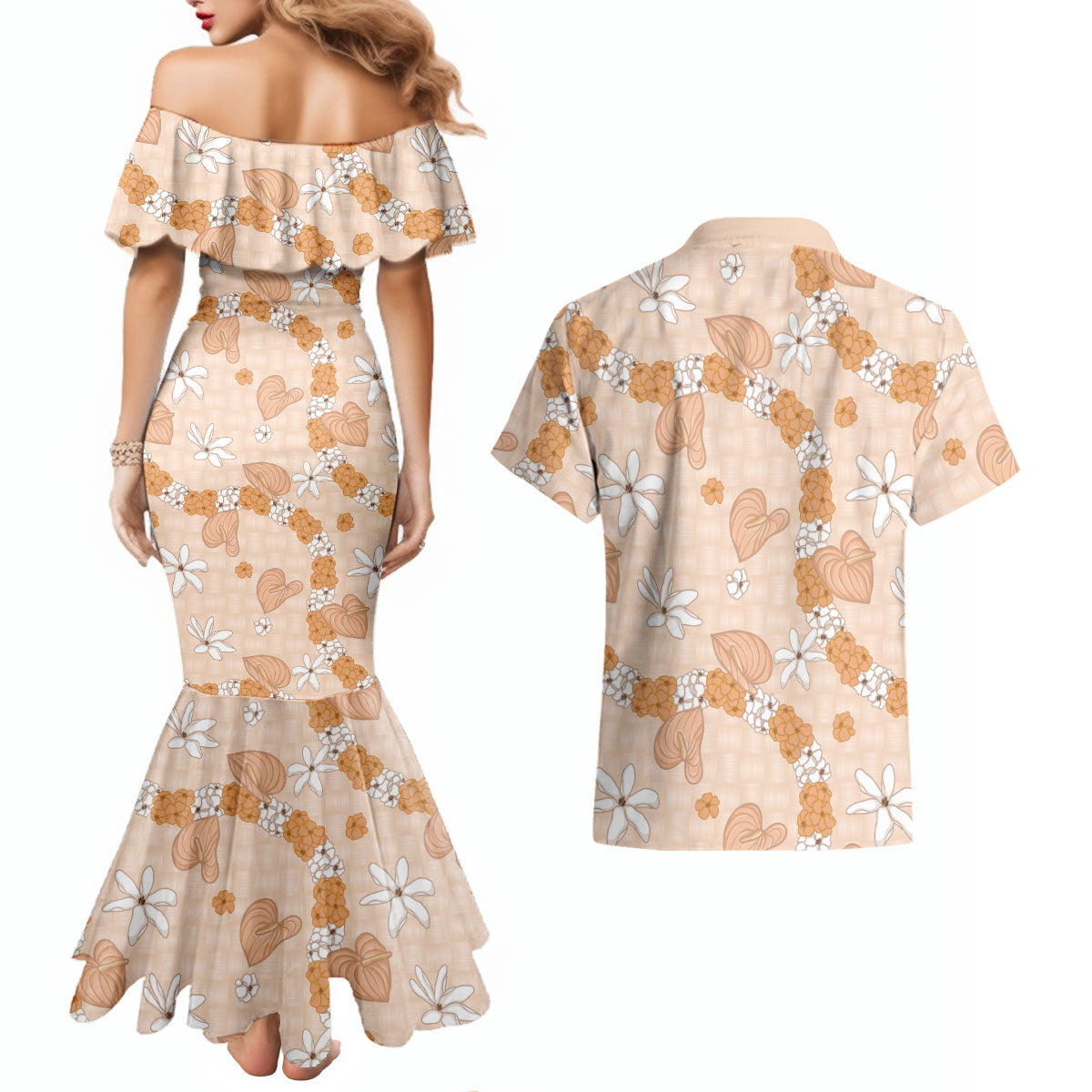 Hawaii Anthurium Tiare Pikake Lei Couples Matching Mermaid Dress and Hawaiian Shirt Alani Lauhala Art Pattern LT01 - Polynesian Pride