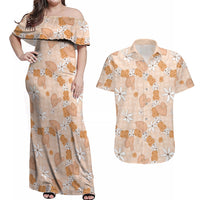 Hawaii Anthurium Tiare Pikake Lei Couples Matching Off Shoulder Maxi Dress and Hawaiian Shirt Alani Lauhala Art Pattern