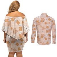 Hawaii Anthurium Tiare Pikake Lei Couples Matching Off Shoulder Short Dress and Long Sleeve Button Shirt Alani Lauhala Art Pattern LT01 - Polynesian Pride