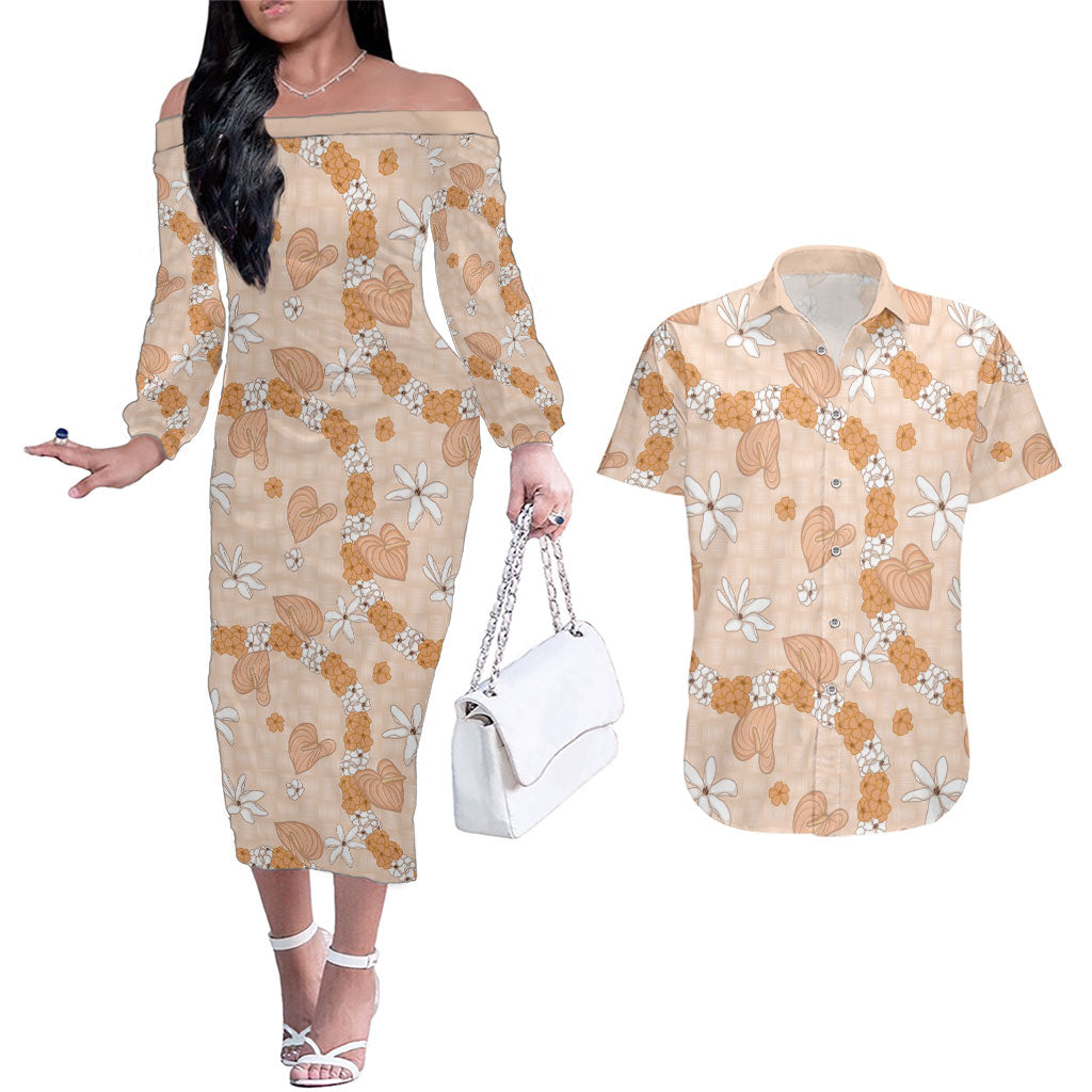 Hawaii Anthurium Tiare Pikake Lei Couples Matching Off The Shoulder Long Sleeve Dress and Hawaiian Shirt Alani Lauhala Art Pattern LT01 Orange - Polynesian Pride