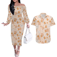 Hawaii Anthurium Tiare Pikake Lei Couples Matching Off The Shoulder Long Sleeve Dress and Hawaiian Shirt Alani Lauhala Art Pattern LT01 Orange - Polynesian Pride