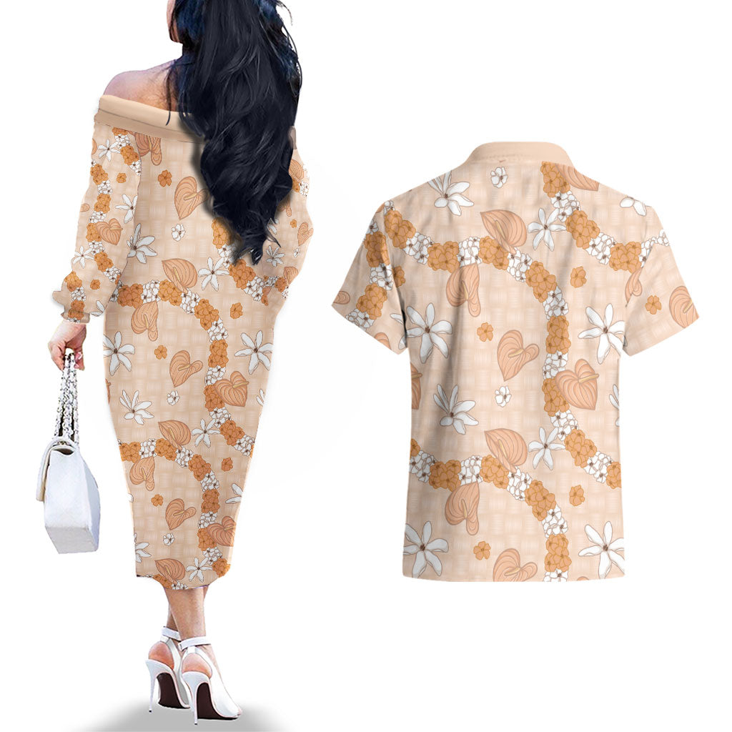 Hawaii Anthurium Tiare Pikake Lei Couples Matching Off The Shoulder Long Sleeve Dress and Hawaiian Shirt Alani Lauhala Art Pattern LT01 - Polynesian Pride