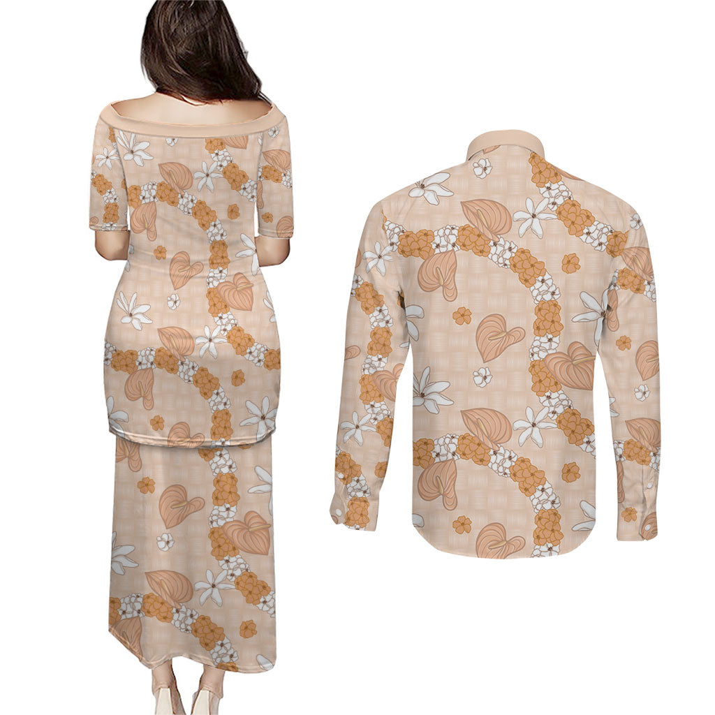 Hawaii Anthurium Tiare Pikake Lei Couples Matching Puletasi and Long Sleeve Button Shirt Alani Lauhala Art Pattern
