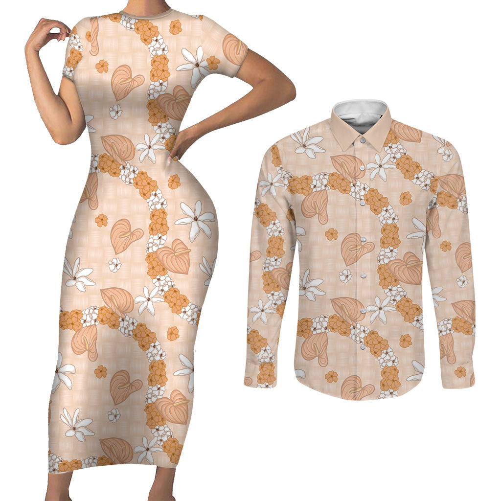 Hawaii Anthurium Tiare Pikake Lei Couples Matching Short Sleeve Bodycon Dress and Long Sleeve Button Shirt Alani Lauhala Art Pattern LT01 Orange - Polynesian Pride