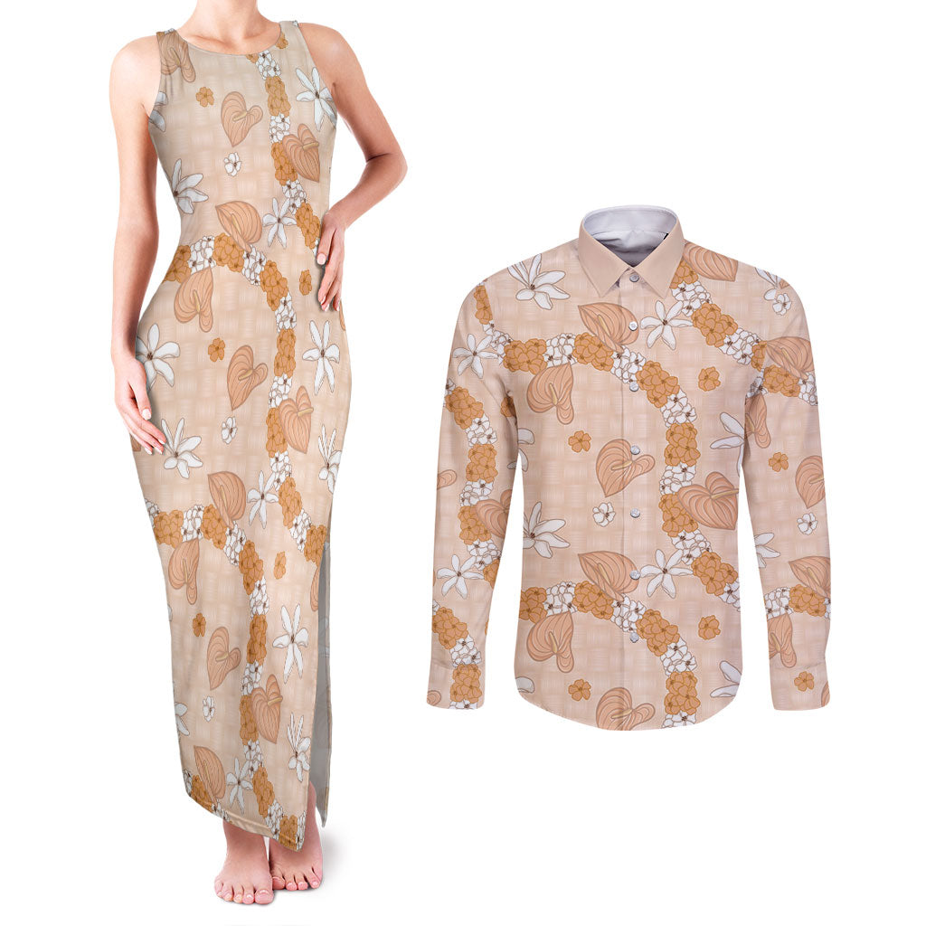 Hawaii Anthurium Tiare Pikake Lei Couples Matching Tank Maxi Dress and Long Sleeve Button Shirt Alani Lauhala Art Pattern