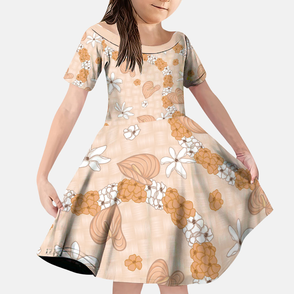 Hawaii Anthurium Tiare Pikake Lei Family Matching Mermaid Dress and Hawaiian Shirt Alani Lauhala Art Pattern LT01 Daughter's Dress Orange - Polynesian Pride